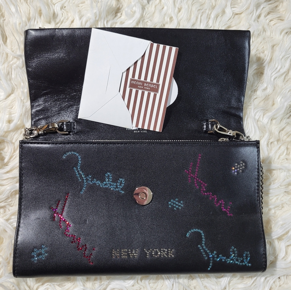 HENRI BENDEL Girls Nightout Embellished Bling Black Leather Chain Clutch - Picture 11 of 15